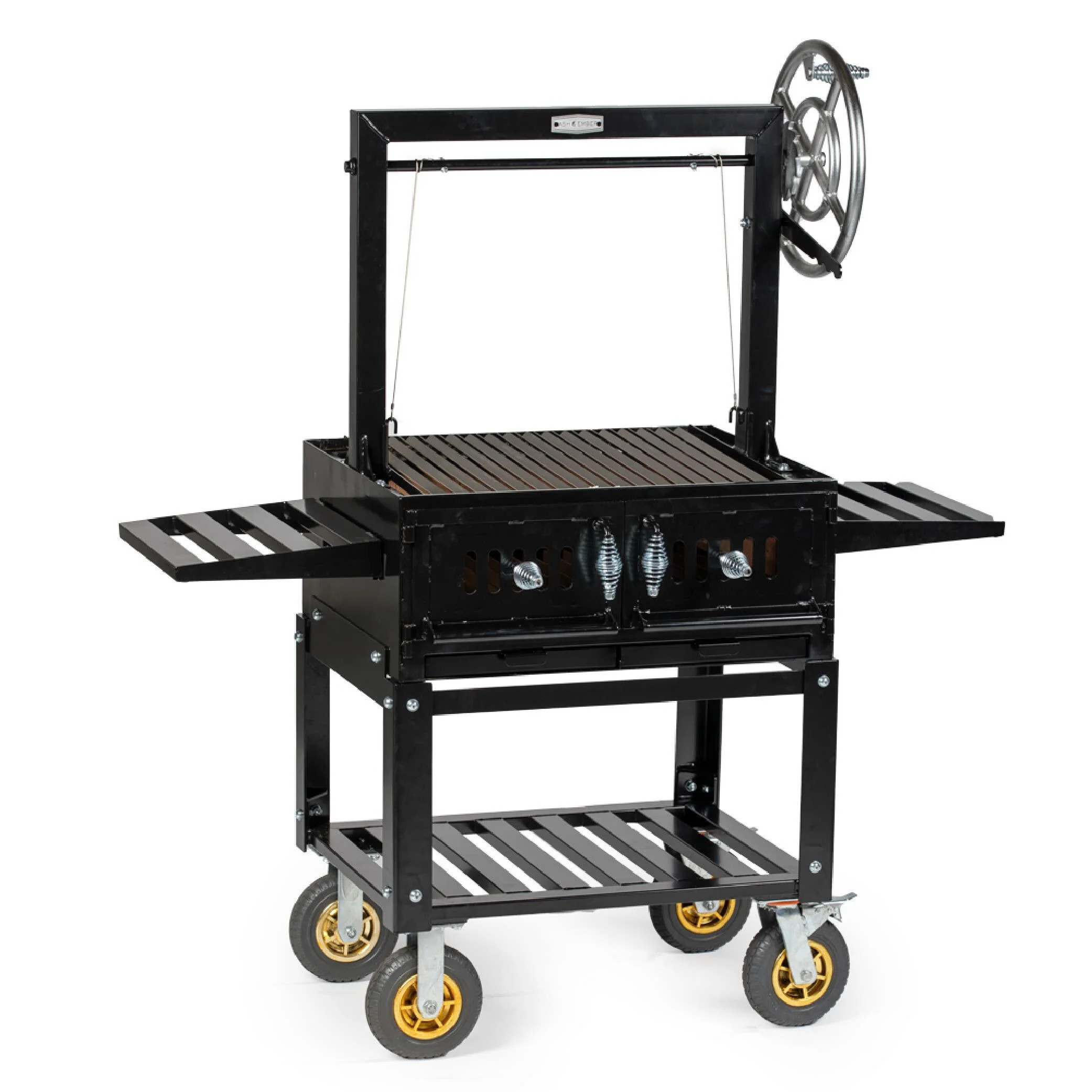Ash & Ember Santa Maria Grill, Steel Wood & Charcoal Argentine Grill, Flywheel for Adjustable Grate Height, BBQ Grill with Ceramic Brick Lining, V-Grates & Grease Trap, Bottom & Side Shelves