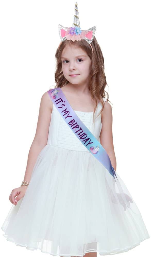 Unicorn Birthday Set, Beinou Shiny Unicorn Headband and Birthday Sash Set Perfect Unicorn Theme Birthday Party Supplies, Silver