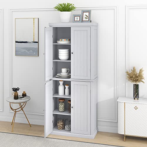 Kitchen Pantry Cabinet, 72.4-inch Tall Storage Cabinet with 4 Doors and Adjustable Shelves, Freestanding Cupboard Utility Pantry for Home Office, Each Shelves Capacity 110lbs, White
