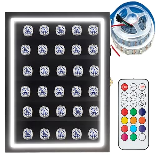 Championship Ring Display Case RGB LED - 30 Ring Large Baseball Ring Display Case - Glass Shadow Box with Lock for Baseball Rings , Basketball Ring Holder Display , Football Case - Black