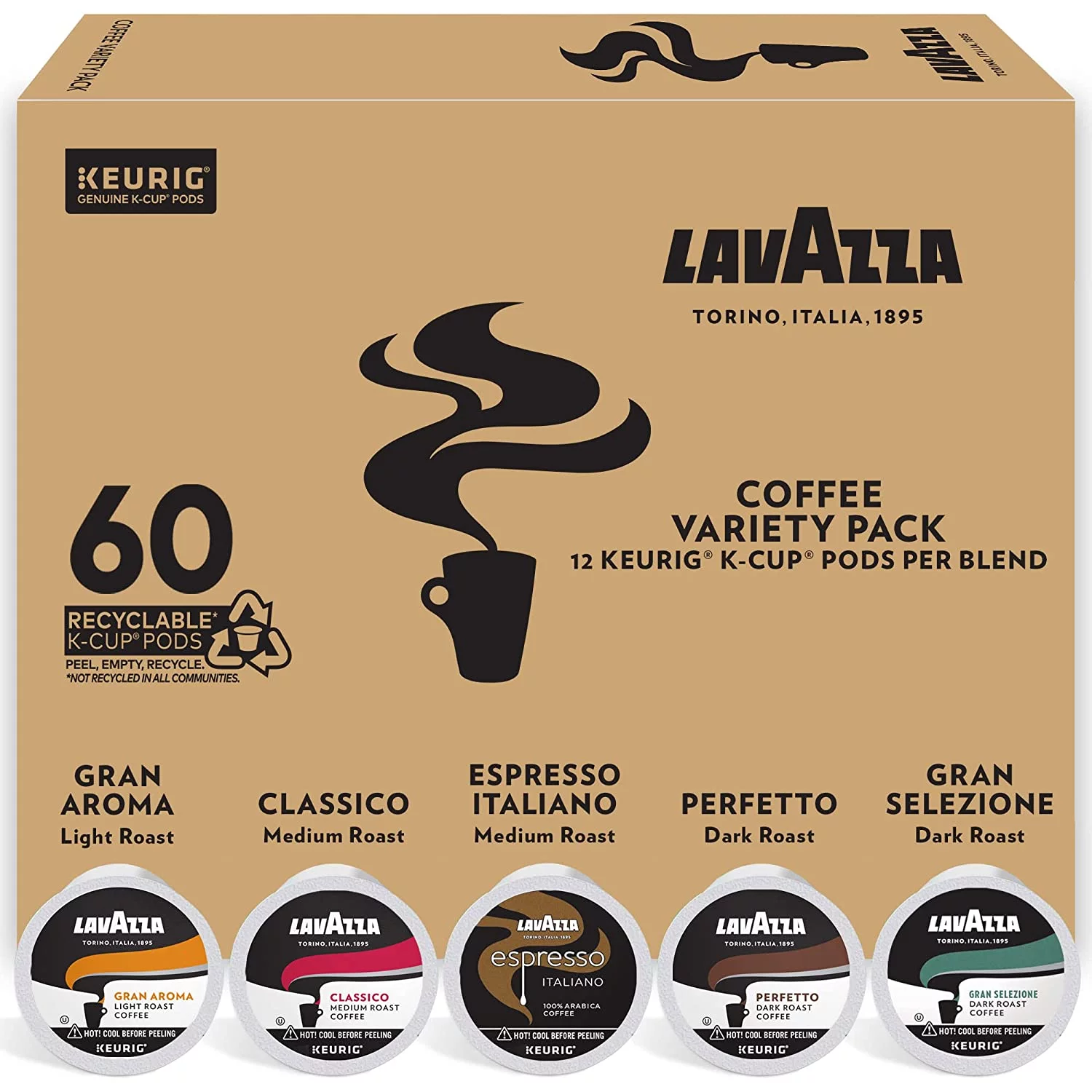 Lavazza Variety Pack Single-Serve K-Cup® for Keurig Brewer Coffee, 60 Count (Pack of 1) , Notes of: fruits, flowers, chocolate, caramel, citrus…