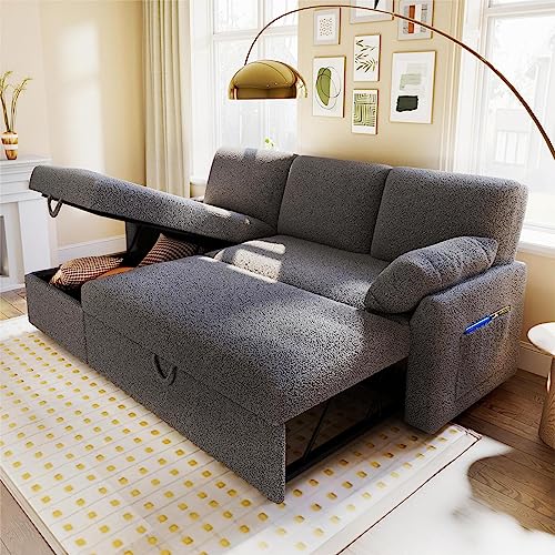 VanAcc Sleeper Sofa, Sofa Bed- 2 in 1 Pull Out Couch Bed with Storage Chaise for Living Room, Beige Chenille Couch