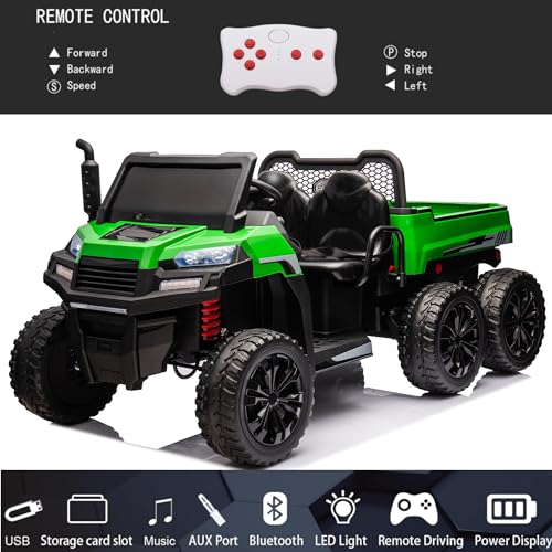 24V 2 Seater 6 Wheels XXL Ride On Car for Kids, Ride On 4WD UTV with EVA Tires, Bluetooth, Remote Control, Ride On Car with Dump Bed, 5-Point Safety Harness, Ride On Toys for Boys Girls (Green)