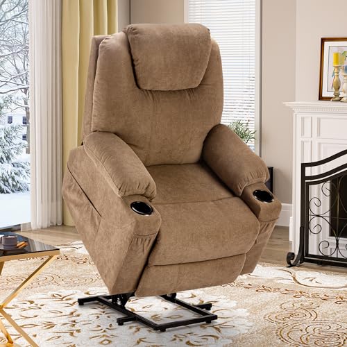 YITAHOME Power Lift Recliner Chair for Elderly, Electric Lift Chair with Heat and Massage, Fabric Recliner Sofa with 2 Cup Holders, Side Pockets & Remote Control for Living Room (Light Brown)