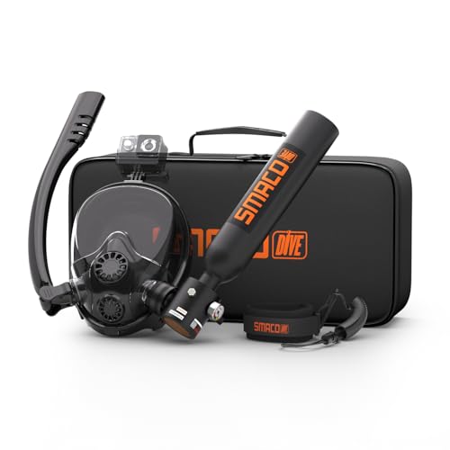 SMACO Mini Scuba Tank with Snorkel Mask 0.5L Portable Small Diving Tank with Full Face Diving Mask Reusable DOT Certified Pony Bottle Diving Cylinder Kit for Snorkeling Recreational Diving S300Plus