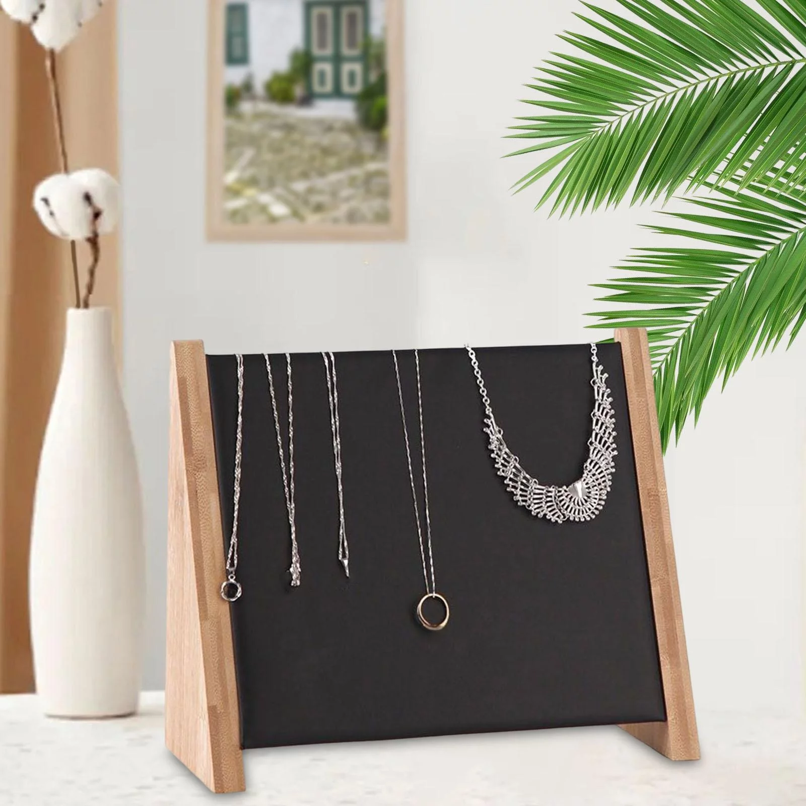 10 Hooks Pendant Necklace Display Stand Bracelet Chains Jewelry Holder Storage Rack Organizer for Countertop Tabletop Shop Shelves Showroom Black PU Leather