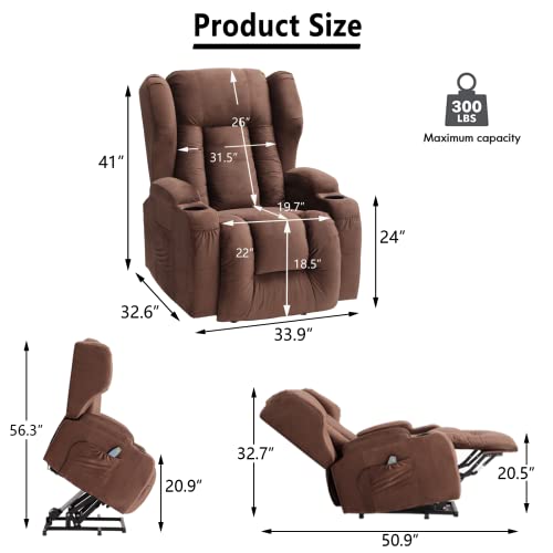 Power Lift Chairs Recliners for Elderly, Velvet Fabric Recliner Chairs with Massage and Heat, Modern Comfortable Electric Lift Chairs with USB Ports, 2 Concealed Cup Holders for Living Room