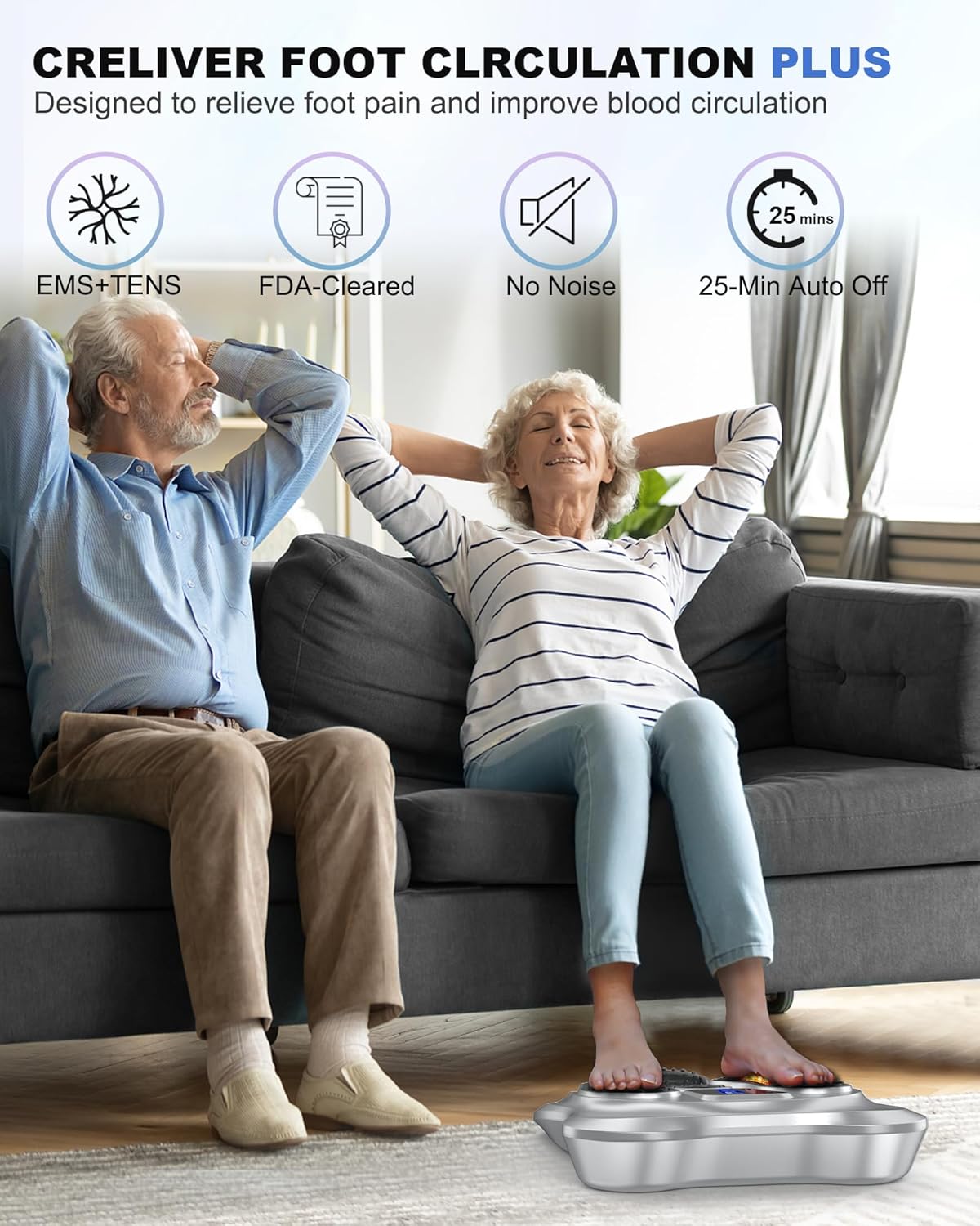 Creliver Foot Stimulator (FSA HSA Approved) with EMS TENS for Pain Relief and Circulation, EMS Foot Massager for Neuropathy, Electric Nerve Muscle Stimulator Machine with 8 Pads for Feet Legs