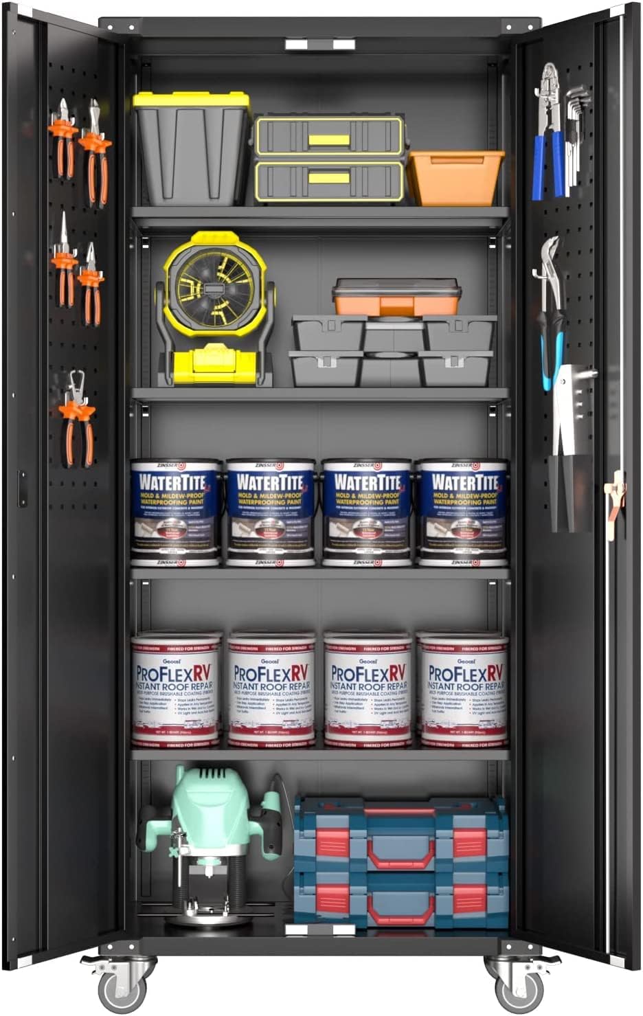 Metal Storage Cabinet with 2 Locking Doors and 4 Adjustable Shelves,Garage Storage Cabinets with Pegboard &Wheels,72