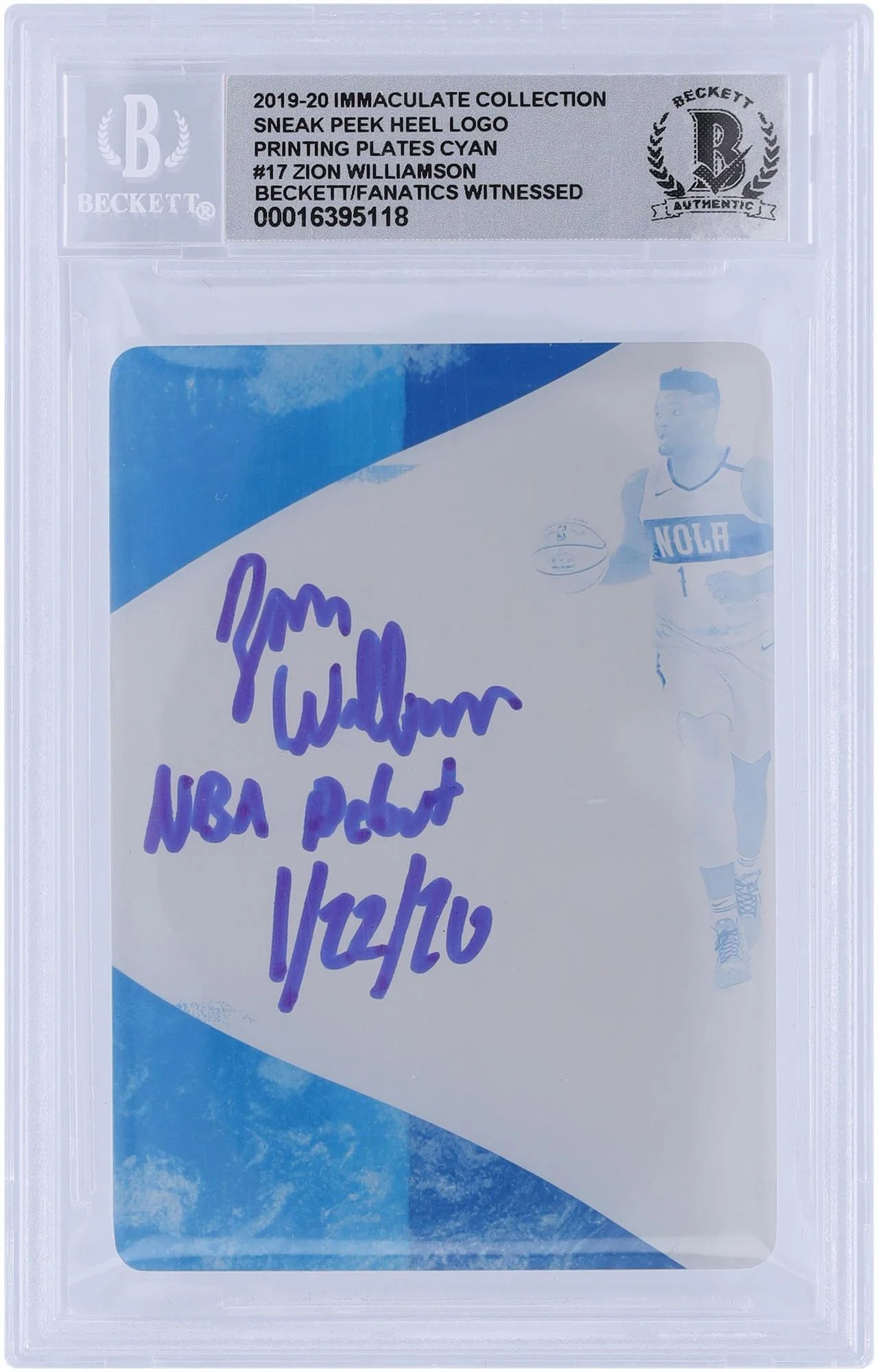 Zion Williamson New Orleans Pelicans Autographed 2019-20 Panini Immaculate Collection Sneak Peek Heel Logo Cyan Printing Plate #17 #1/1 Beckett Fanatics Witnessed Authenticated 10 Rookie Card with