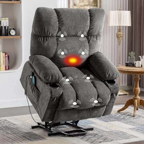 Power Lift Recliner Chair for Elderly,Recliner Massage Chair with Heat and Massage Recliner,Lift Chair Sofa with Infinite Position and Side Pocket,USB Charge Port,Gray