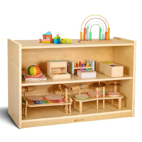 Wooden Storage Cabinet, 2-Tier Kids Toy Storage Organizer, Spacious Montessori Kids Bookshelf, Toy Shelf Storage Organizer for Playroom Bedroom Classroom Nursery Study Room Living Room