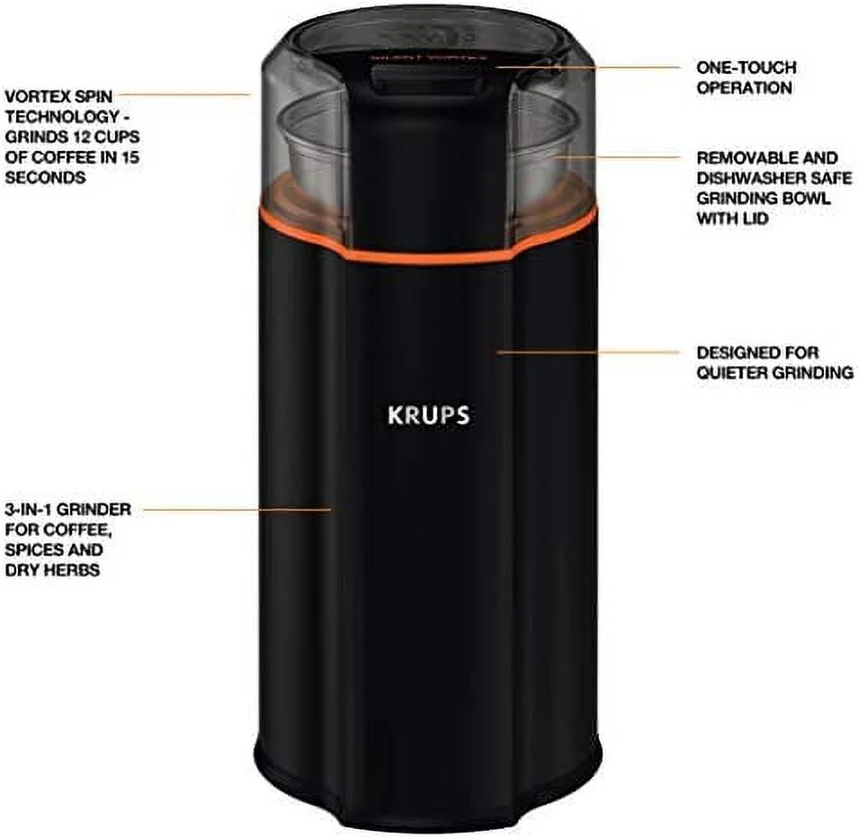 Krups Silent Vortex Stainless Steel and Plastic Coffee and Spice Grinder 12 Cup 5 Times Quieter 175 Watts Coffee, Spices, Dry Herbs, Removable Bowl, Dishwasher Safe Bowl Black