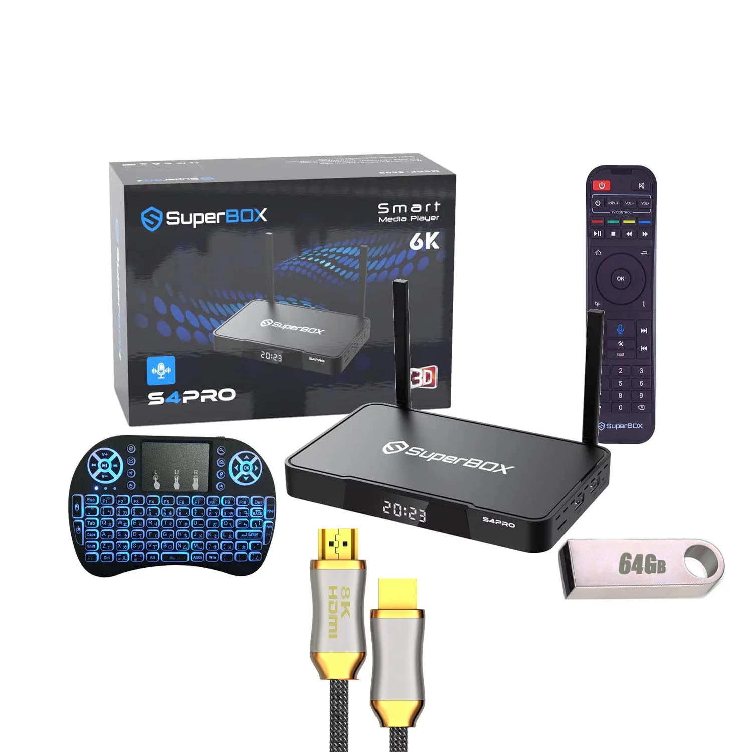 Authorized Seller 2024 Newest Version SUPERBOX S4 PRO 2G RAM + 32G ROM s4 pro Fully Loaded Voice Remote 64Gb flash driver 8k cable backlit keyboard