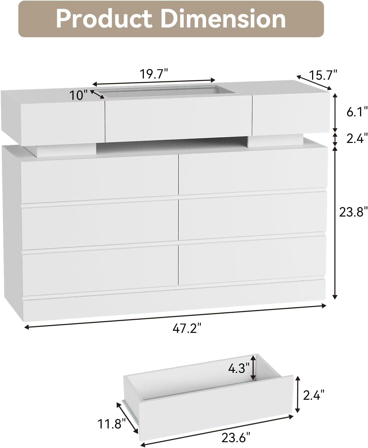 ARTETHYS White Dresser for Bedroom 6 Drawer Dresser Organizer for Closet Clothes Chest of Drawers with LED Lights 47’’ Modern Storage Cabinet with Glass Top for Living Room Entryway Hallway