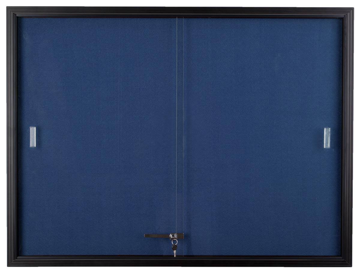 Locking Bulletin Board, 48 inch x 36 inch, Blue Fabric, Sliding Glass Doors (fbsd43bkbl), Black