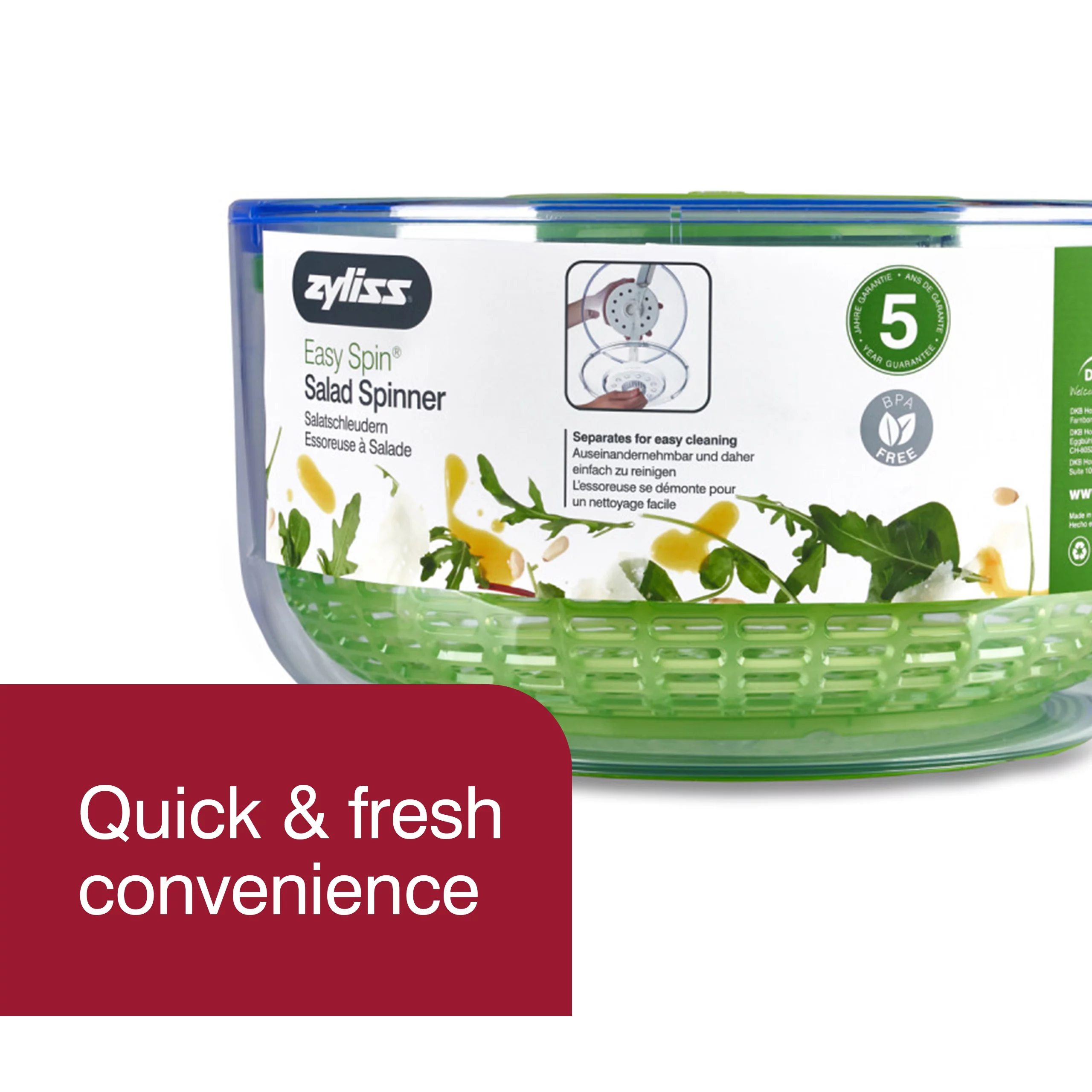 Zyliss Easy Spin Salad Spinner with Lid Handle, Large, Green, BPA Free