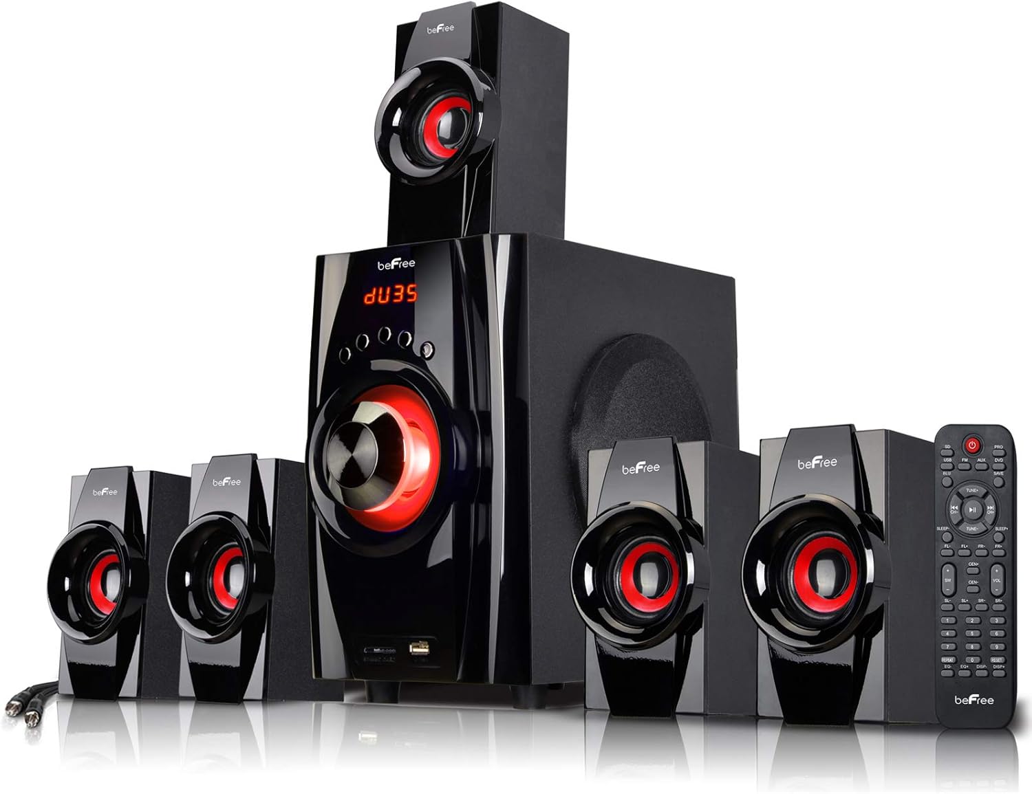 Be Free Sound 5.1 Channel Surround Sound Bluetooth Speaker System in Red with Remote Control, FM Radio, 4