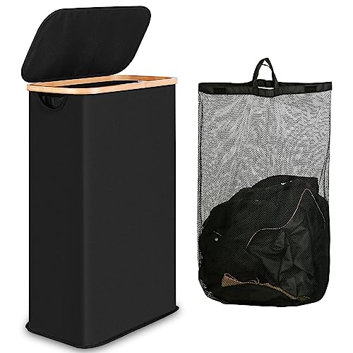 Slim Laundry Hamper with Lid,75L Collapsible Clothes Hamper for Laundry,Dirty Clothes Basket with Bamboo Handles & Removable Laundry Bag for Bedroom, Bathroom, Dorm, Laundry Room, Black