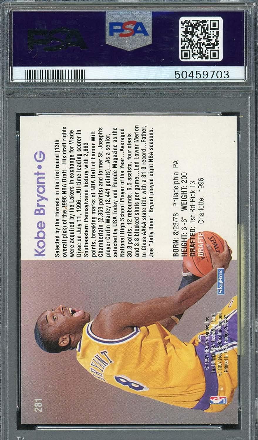 Kobe Bryant 1996 Hoops Rookie Basketball Card #281 Graded PSA 9