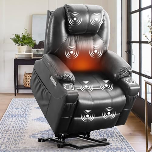 Electric Power Lift Recliner Chair with Heat & Massage for Elderly, PU Leather Reclining Chairs w/2 Metal Cup Holders and USB & Type-C Ports for Seniors Home Living Room, Grey