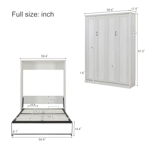 Full Size Murphy Bed with Storage Cabinet, Drawers and Shelves, Wood Vertical WallBed Foldable Platform Bedframe for Bedroom, Space Saving, White