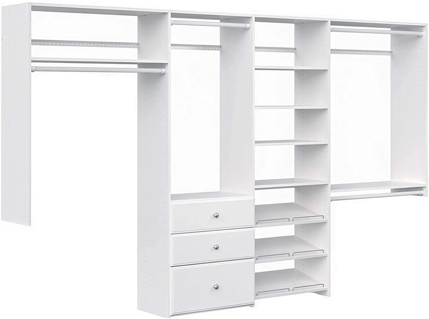 Dual Tower Closet Storage Wall Mounted Wardrobe Organizer Kit System with Shelves and Drawers for Bedroom in White with Hardware Wood Closet, Storage & Organization