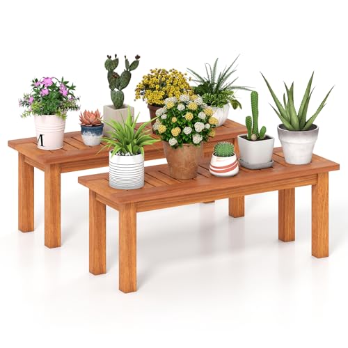 Tangkula Wooden Plant Stand, Outdoor Indoor Solid Wood Flower Pot Holder Display Shelf with Teak Oil Finish, Slatted Top, Rustic Plant Rack for Patio Garden Entryway Porch