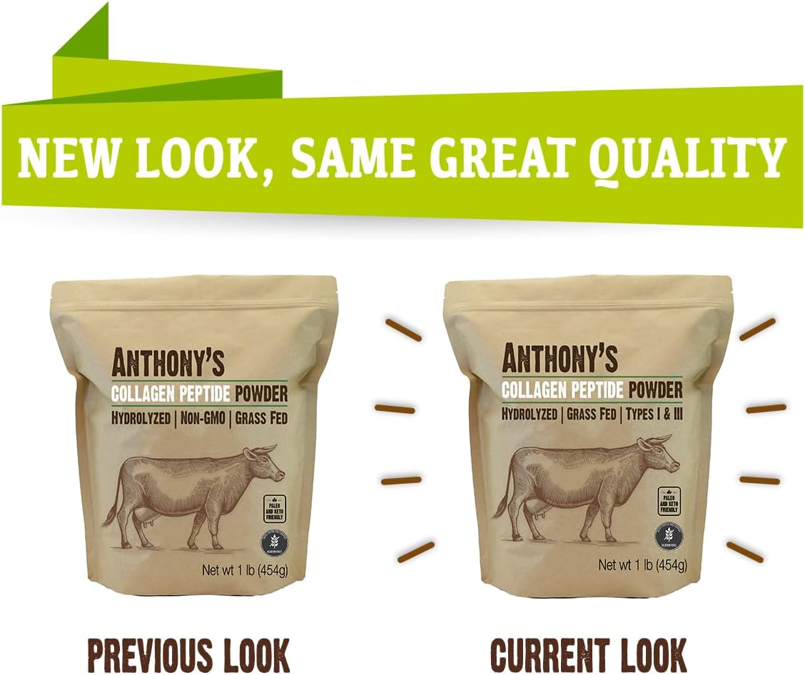Anthony's Collagen Peptide Powder, 1 lb, Pure Hydrolyzed, Gluten Free, Keto and Paleo Friendly, Grass Fed, Unflavored, Non GMO