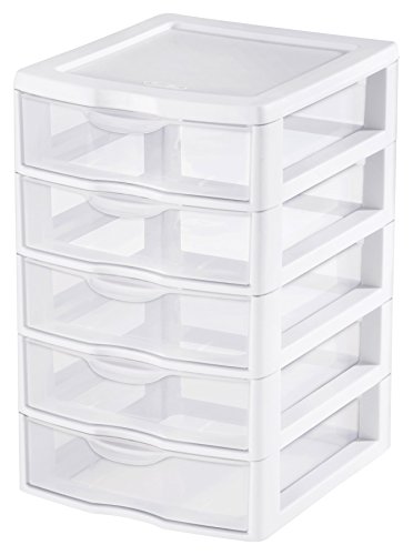 Sterilite Small 5 Drawer Desktop Storage Unit, Tabletop Organizer for Desk, Countertop at Home, Office, Bathroom, White with Clear Drawers, 12-Pack