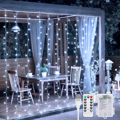JMEXSUSS 200 LED Christmas Curtain Lights Battery Operated & USB Plug in, 8 Modes Warm White Curtain String Lights for Backdrop Bedroom Classroom Wedding Party Decorations