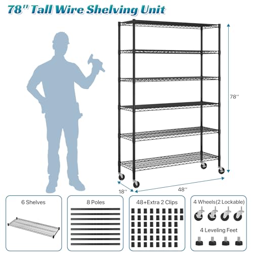 Dkeli Metal Shelves Garage Shelving Wire Shelving Unit with Wheels, 6000lbs Weight Capacity Heavy Duty NSF Height Adjustable Storage Shelves 6 Tier Steel Commercial Grade Wire Rack, Black