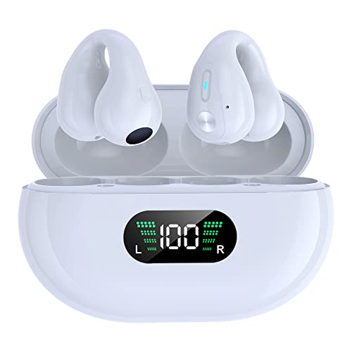 Open Ear Bone Conduction Headphones, Bluetooth Wireless Clip On Earbuds with Digital Display Charging Case 60 Hours Playtime IPX4 Waterproof Sports Headphones for Running, Walking, Workout