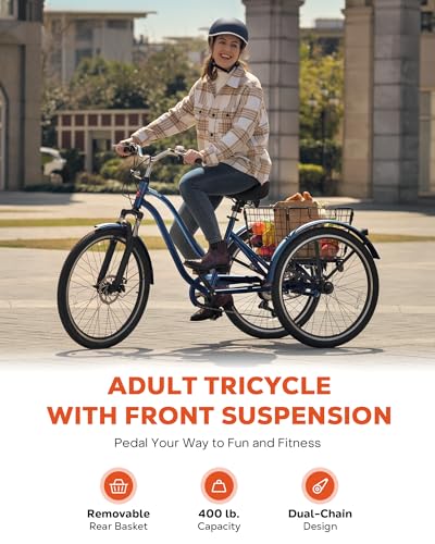 Viribus Adult Tricycle, Tricycle for Adults with Front Suspension and Removable Basket, 24 26 Inch 3 Wheel Bike for Adults 7 Speed Dual Chain, Adult Trike for Men Women Seniors, 400 lb.