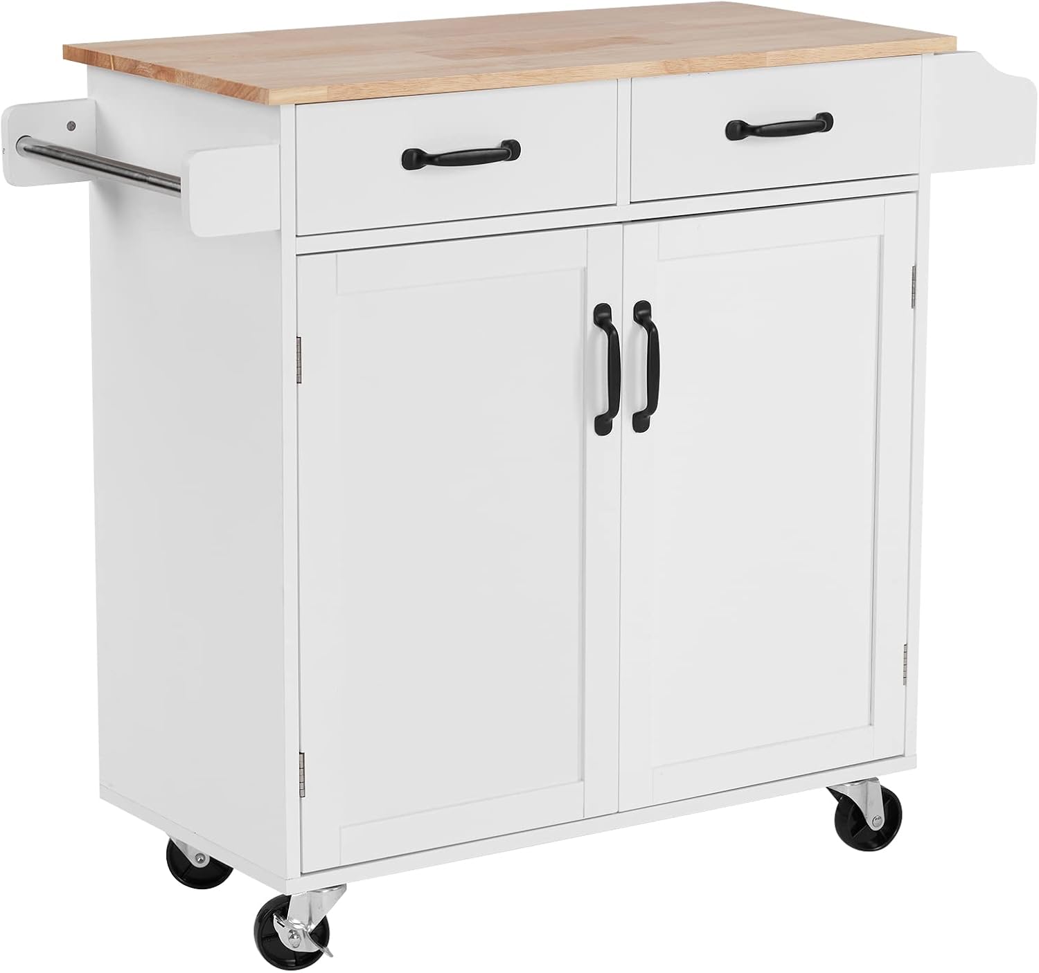 Kitchen Island on Wheels with Storage Cabinet,Rolling Kitchen Cart with Double Doors and Drawers & Spice Rack Towel Bar,Rubber Wood Top,White