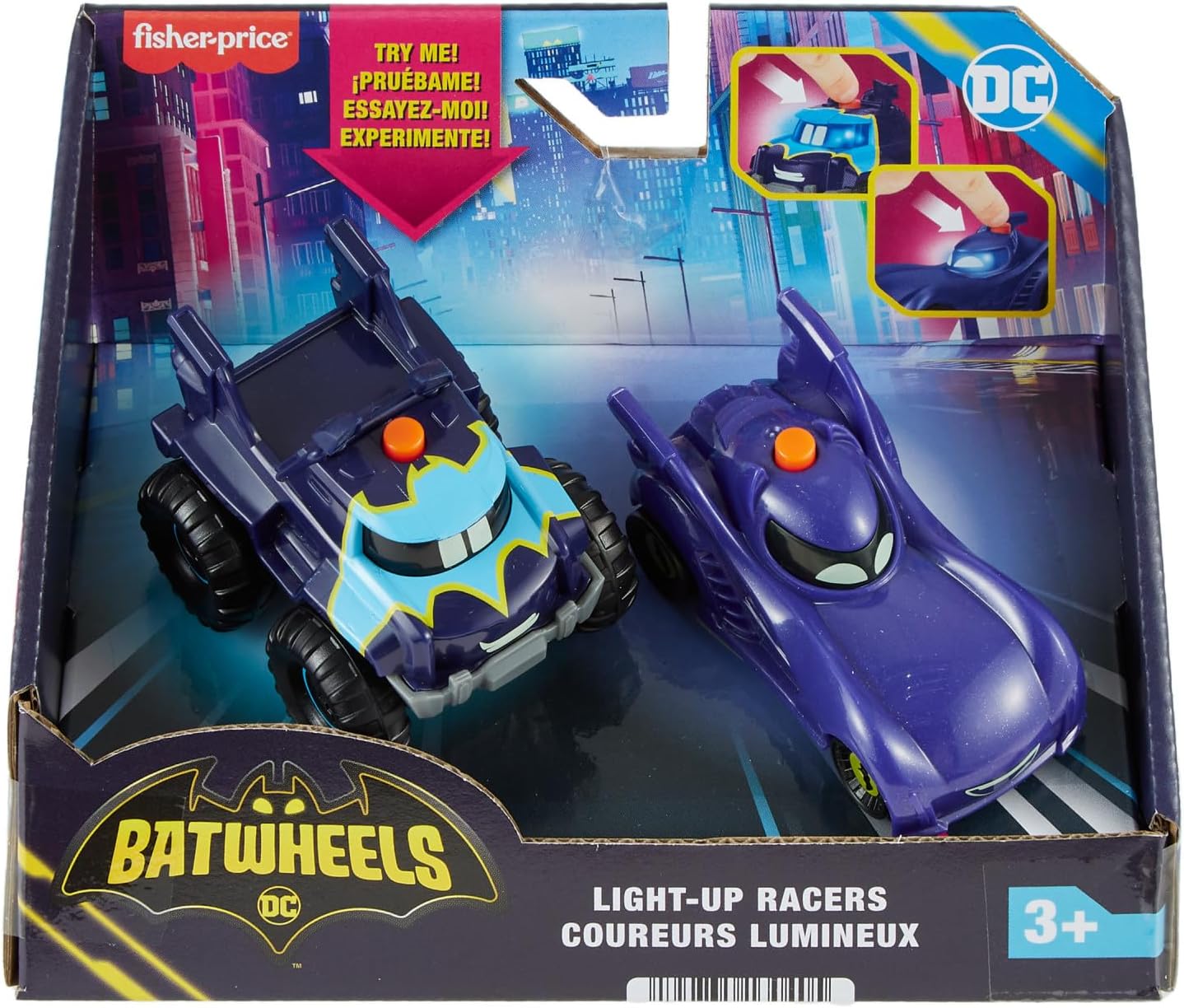 Fisher-Price DC Batwheels Light-Up 1:55 Scale Toy Cars 2-Pack, Bam The Batmobile and Buff, Preschool Pretend Play Ages 3+ Years