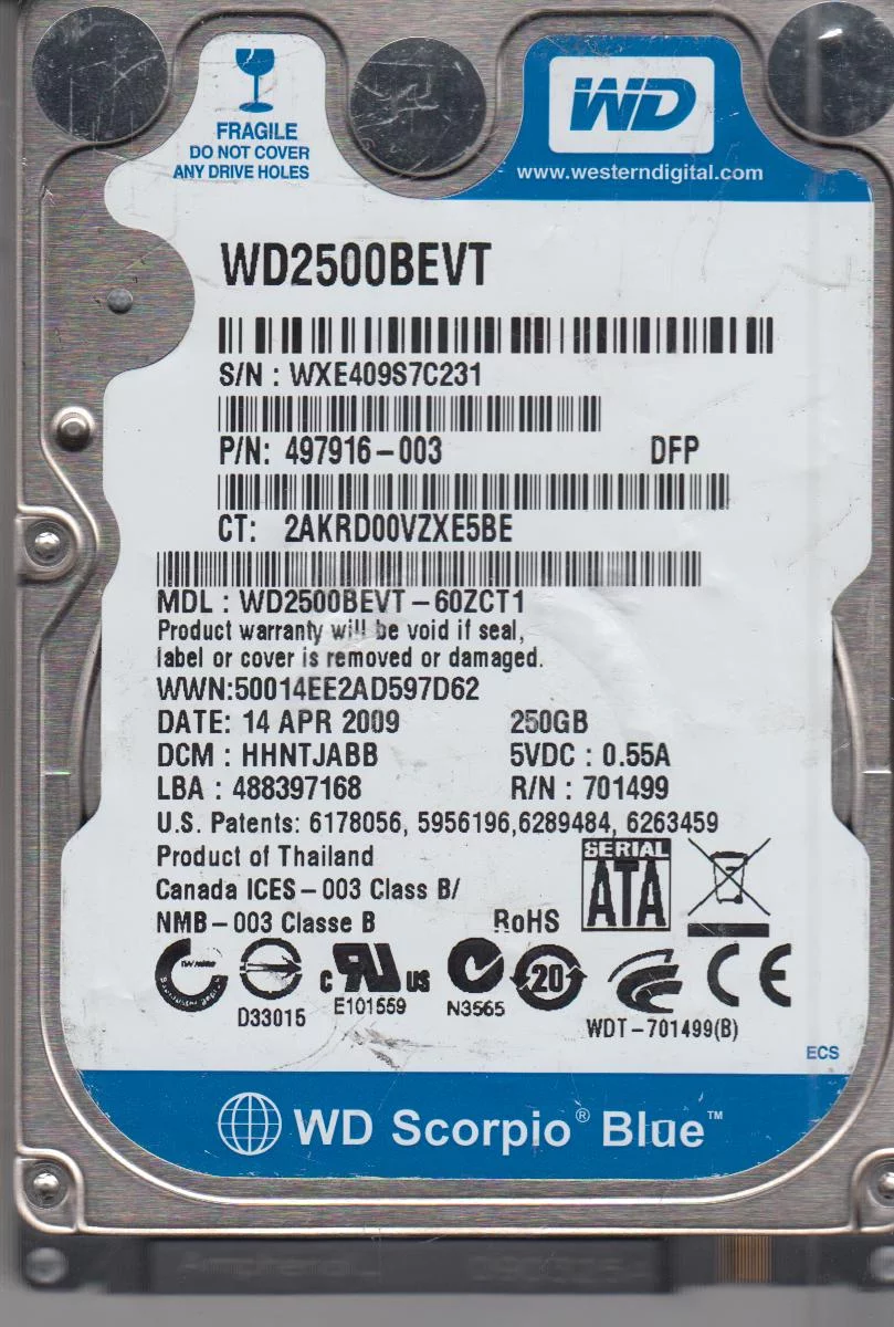 WD2500BEVT-60ZCT1, DCM HHNTJABB, Western Digital 250GB SATA 2.5 Hard Drive