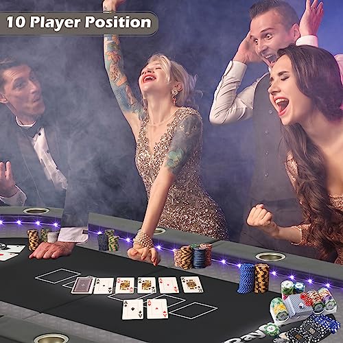 LED Poker Table, 10 Player Foldable Texas Holdem Table w/Inlaid LED Light, 2 USB & 2 Type-c Ports, Portable Blackjac for Texas Card Game w/Cup Holders and Padded Rails (Black)