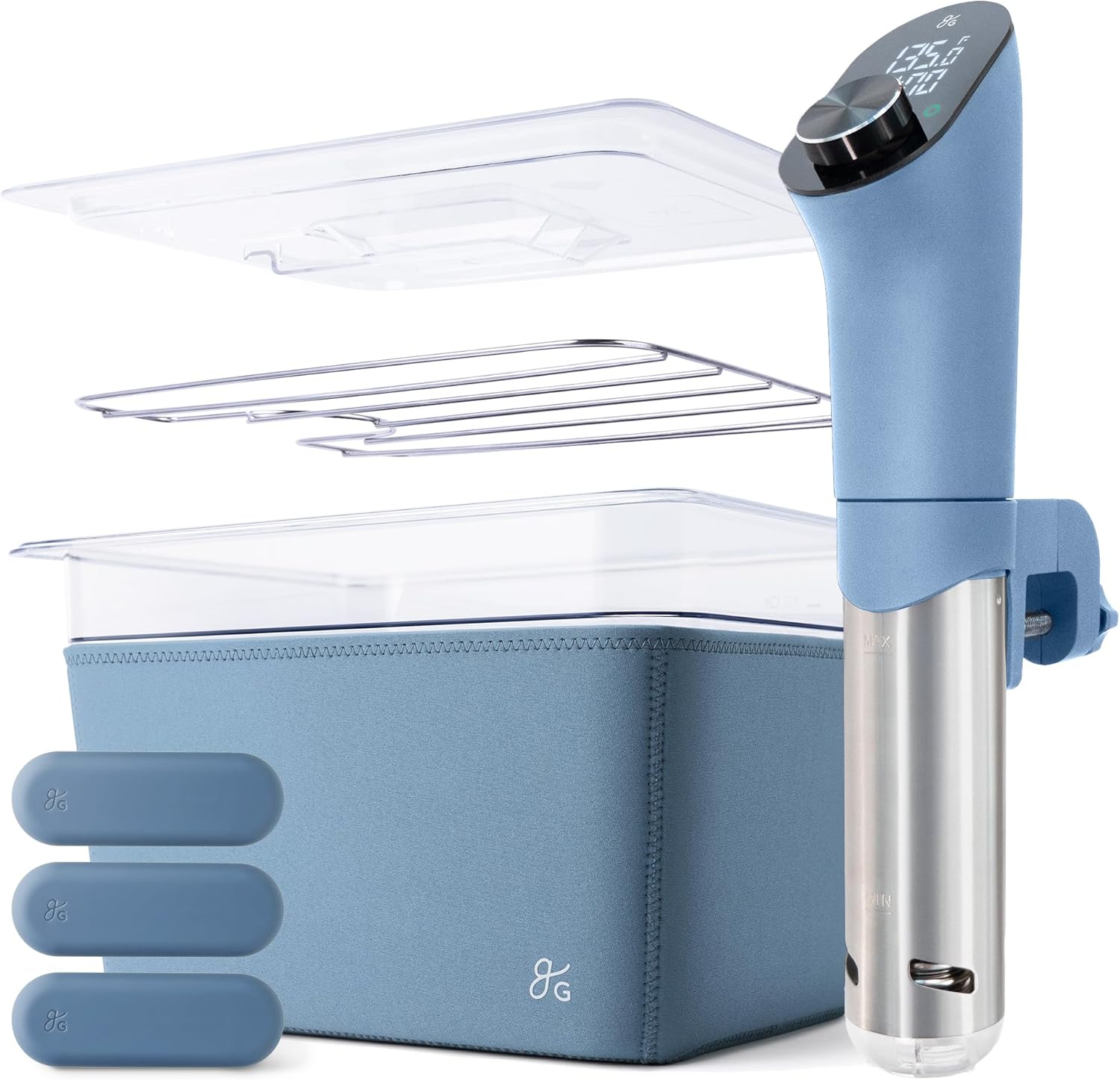 Greater Goods Holiday Sous Vide Bundle with Sous Vide Cooker, Container, and Silicone Weights, Designed in St. Louis. Stone Blue.