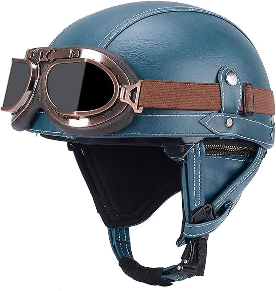 Vintage German Style Leather Motorcycle Half Helmet, Half Face Motorcycle Helmets, DOT Approved Open Face Helmet with Goggles, for Adult Men Women
