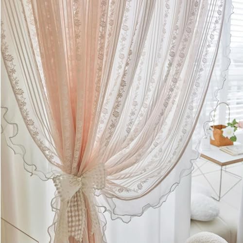 Sheer Pink Ruffle Curtains for Girls Bedroom Bay Window Curtains Living Room Doors