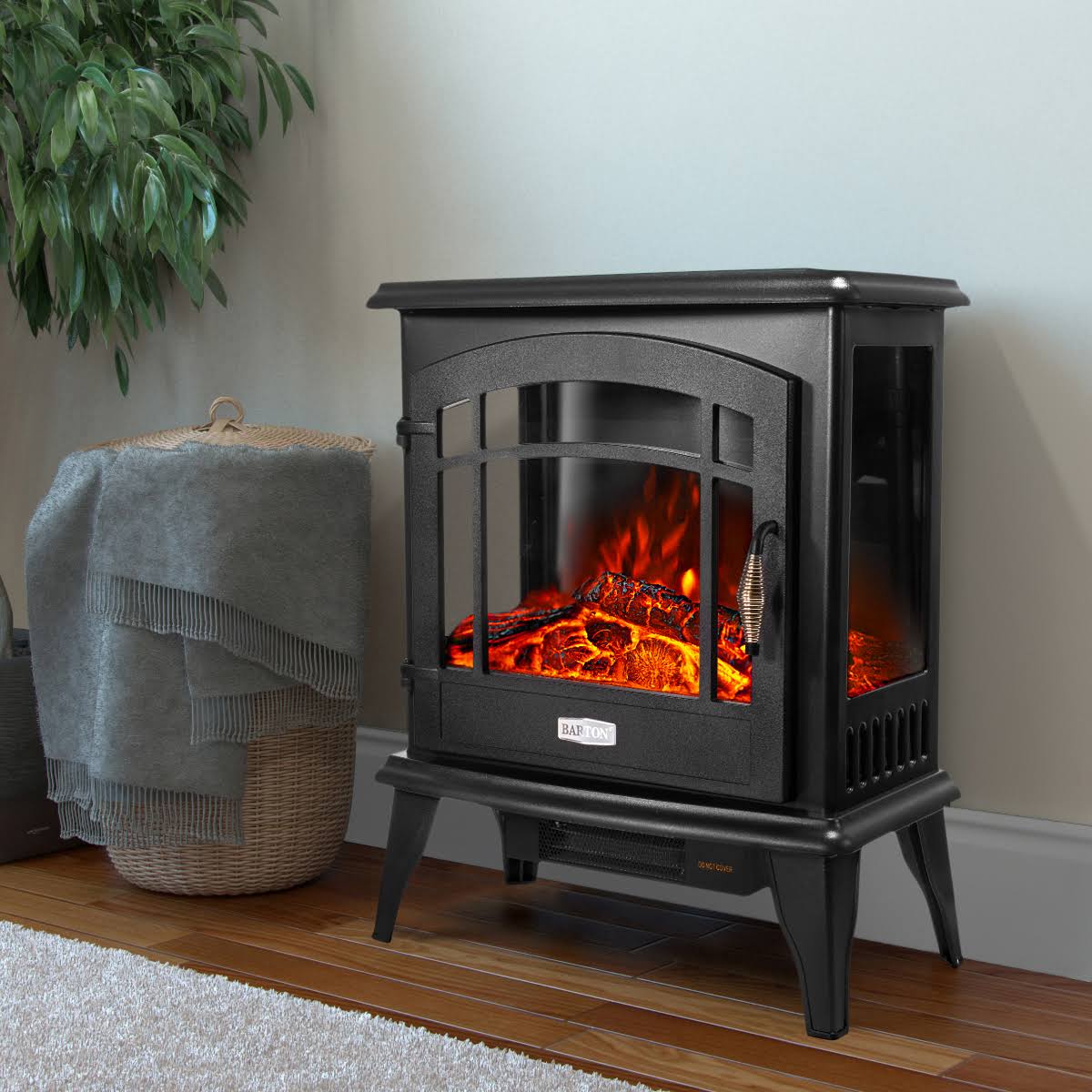 Barton 3 Sided 1500W Vintage Electric Standing Fireplace Stove Heater Infrared Quartz Freestanding 3D Dancing Flame Log Stove Fi