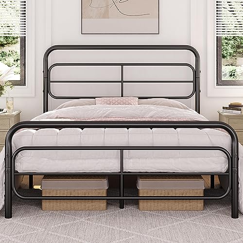 Topeakmart Twin Bed Frames Metal Platform Bed with Modern Geometric Patterned Headboard, Easy Assemble, 13 Inch Underbed Storage, No Box Spring Needed, White