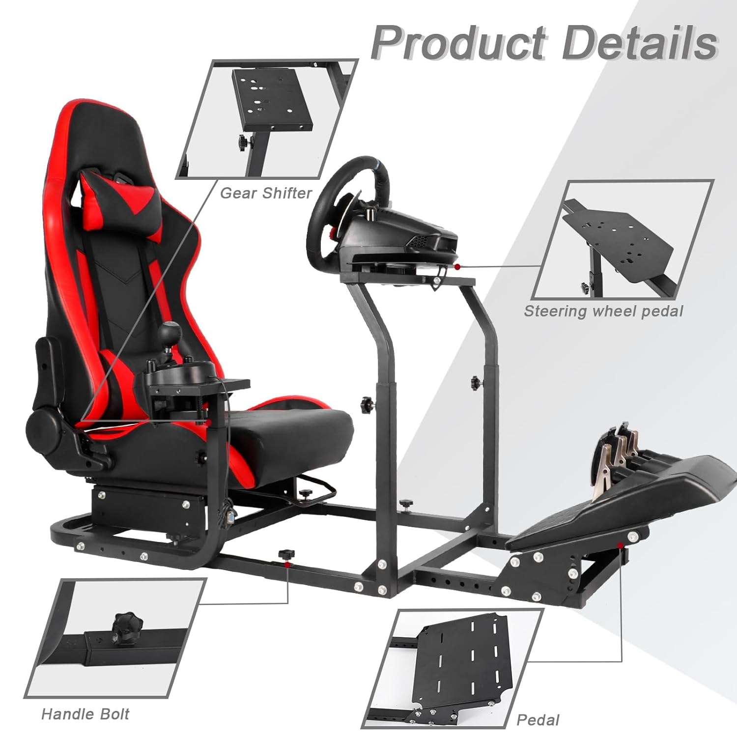 Hottoby Racing Simulator Cockpit with Red Seat Fits for Logitech/Thrustmaster G29 G920 G923,Stability Upgrade Multi-level Adjustment Gaming Stand,No Handbrake,Pedals & Steering Wheel