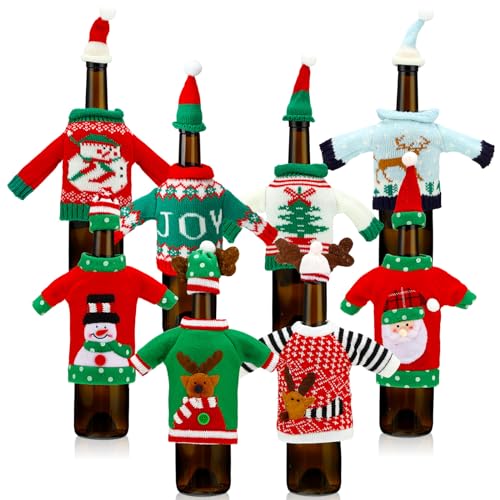16 Sets Christmas Wine Bottle Covers,Ugly Sweater Wine Bottle Sweater Cover with Hat Knitted Dress Snowman Elk Santa Holiday Wine Bottle Sweaters Cover for Christmas Party Decorations, 8 Styles