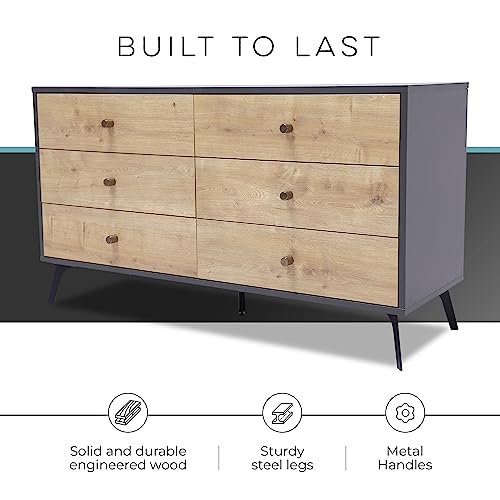 Raveena MAX Chest | Buffet Cabinet with Storage | Sideboard Cabinet | Multifunctional Buffets & Sideboards | Credenza with Six Sliding Drawers | Media Console Table with Storage (Oak, Dark Gray)