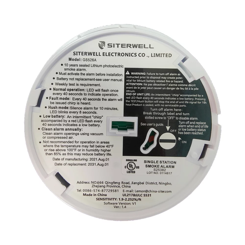 SITERWELL Smoke Detector, 10 Year Smoke Alarm with Photoelectric Sensor, Fire Detector with Low Battery and Fault Warning for House and Bedroom, UL Listed, GS526A, 6Pack