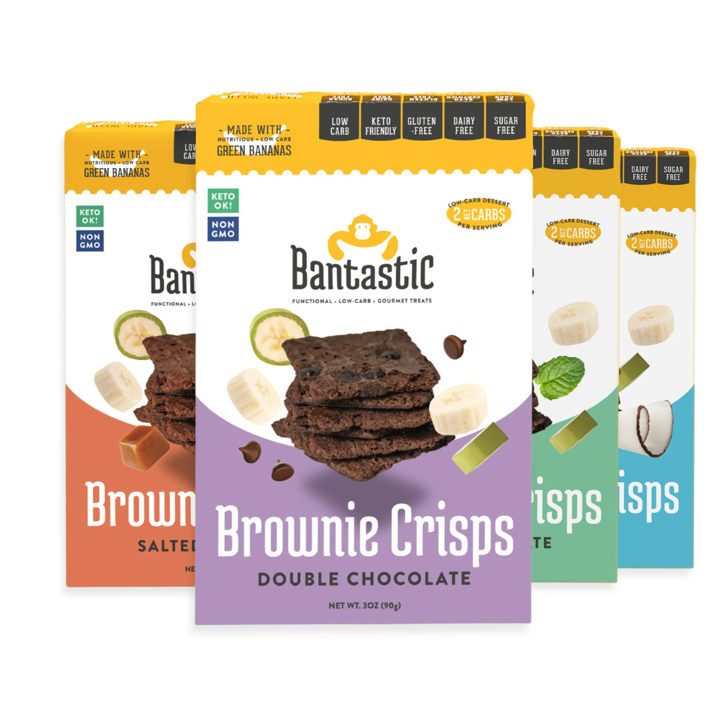 Bantastic Brownie Sugar-free Snack - Variety 4-Pack - Double Chocolate, Mint, Coconut, Caramel - 3oz (90g) Each - Crunchy Thin Low Carb, Keto, Gluten-Free, Dairy-Free