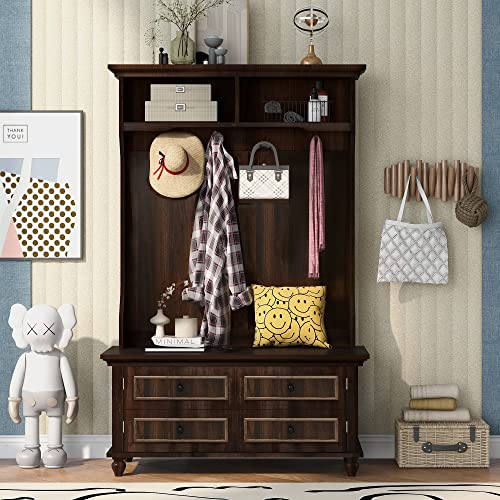 3-in-1 Vintage Hall Tree with 4 Hooks, 39.8