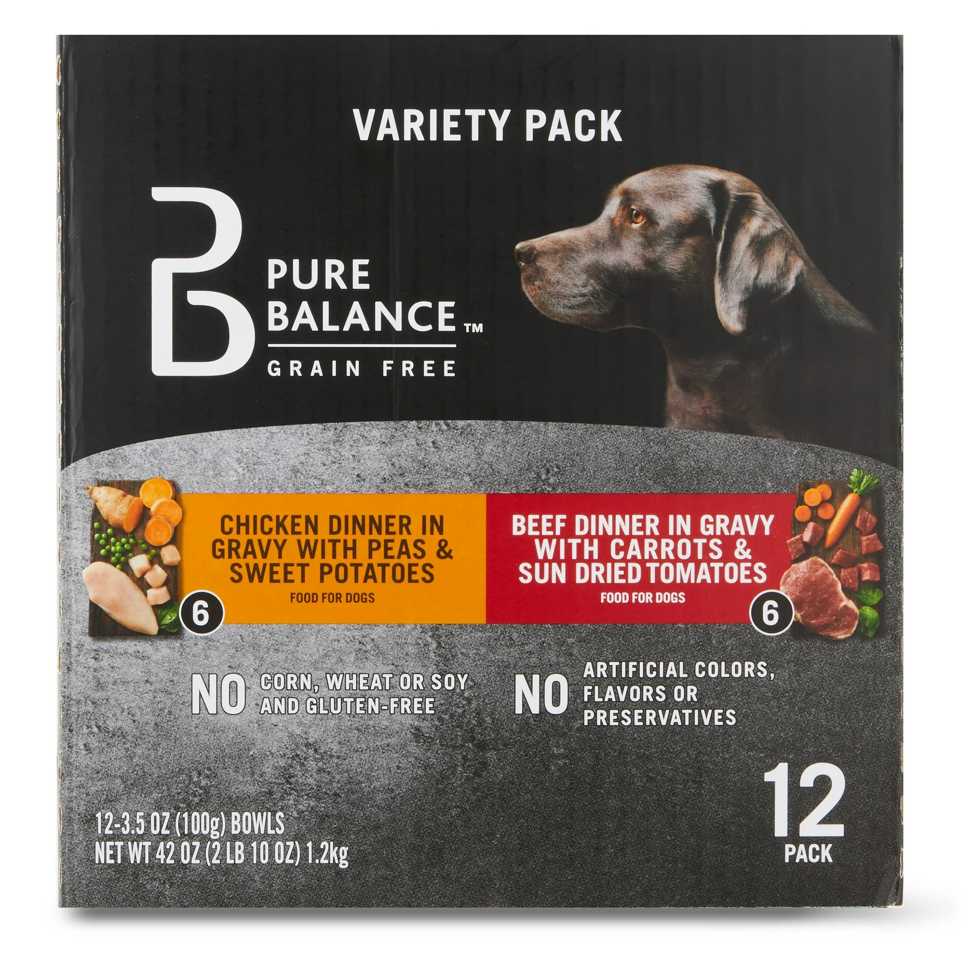 (24 pack) Pure Balance Grain Free Chicken Dinner in Gravy & Beef Dinner in Gravy Wet Dog Food Variety Pack, 3.5 oz, 12 Count